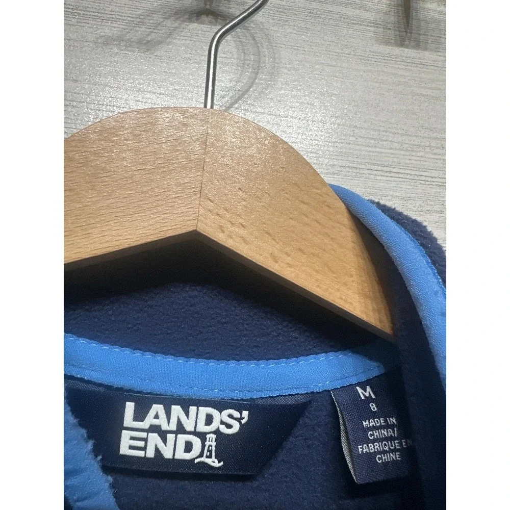 Lands End Fleece Pullover Boys 8 Navy Blue Snap Neck Geometric EUC